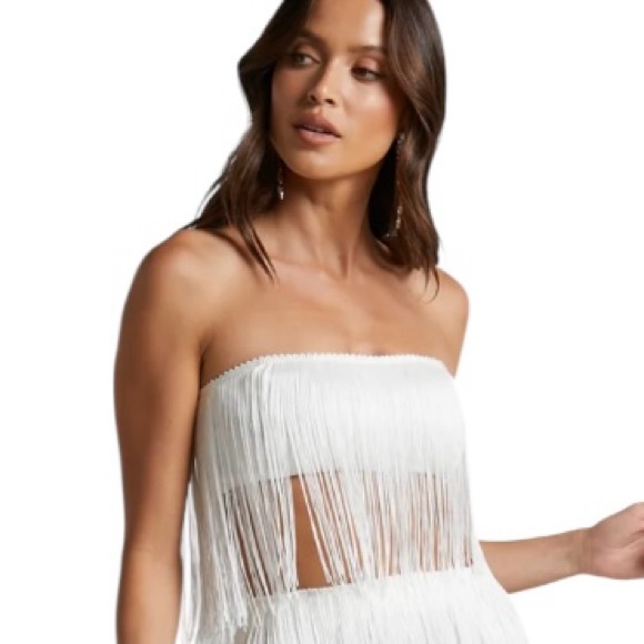 Showpo Amalee Fringe White Strapless Crop Top Sz 6 - Picture 1 of 7